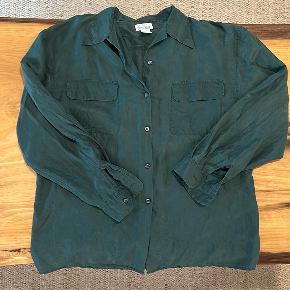 Moda International Vintage 100% Silk Dark Green Button Down Shirt Size M